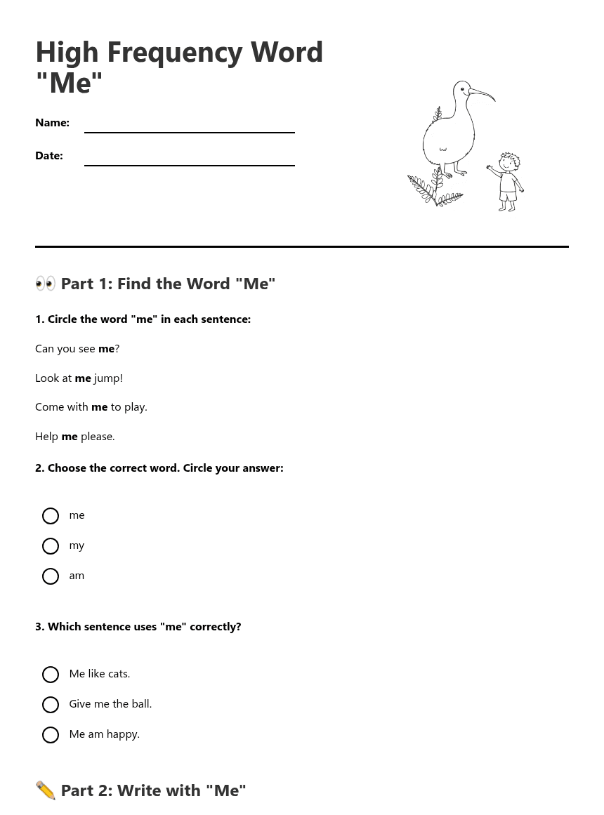 High Frequency Word "Me" worksheet preview