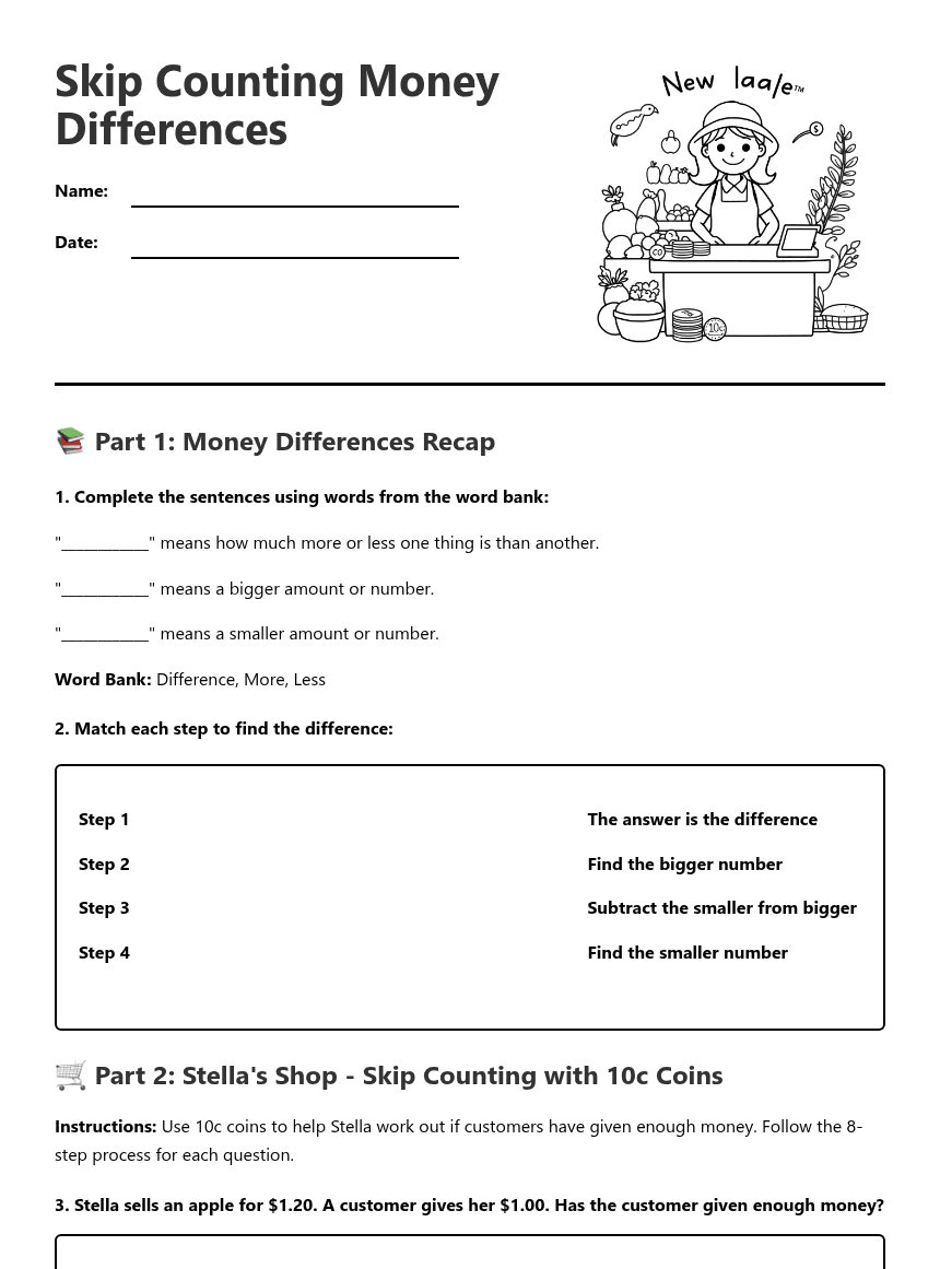 Skip Counting Money Differences worksheet preview