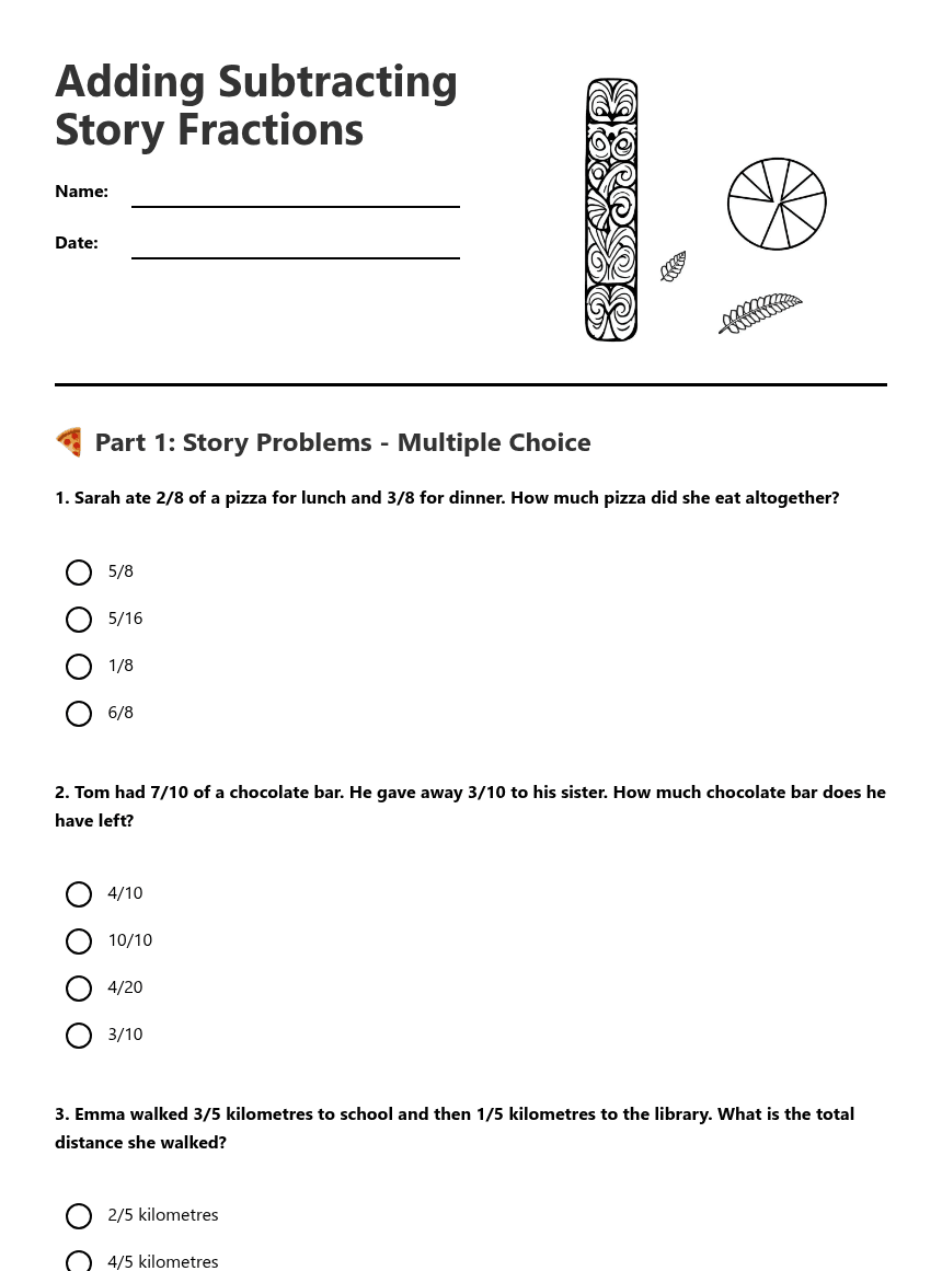 Adding Subtracting Story Fractions worksheet preview