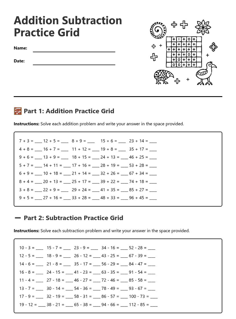 Addition Subtraction Practice Grid