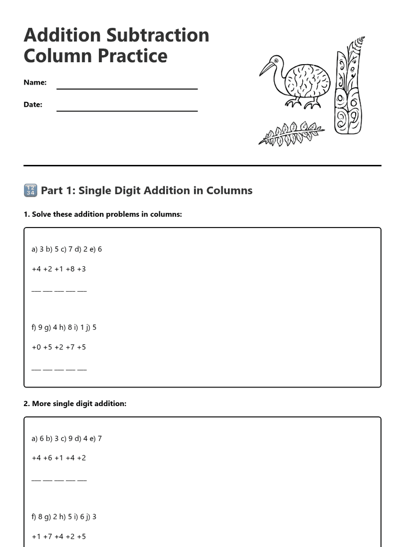 Addition Subtraction Column Practice