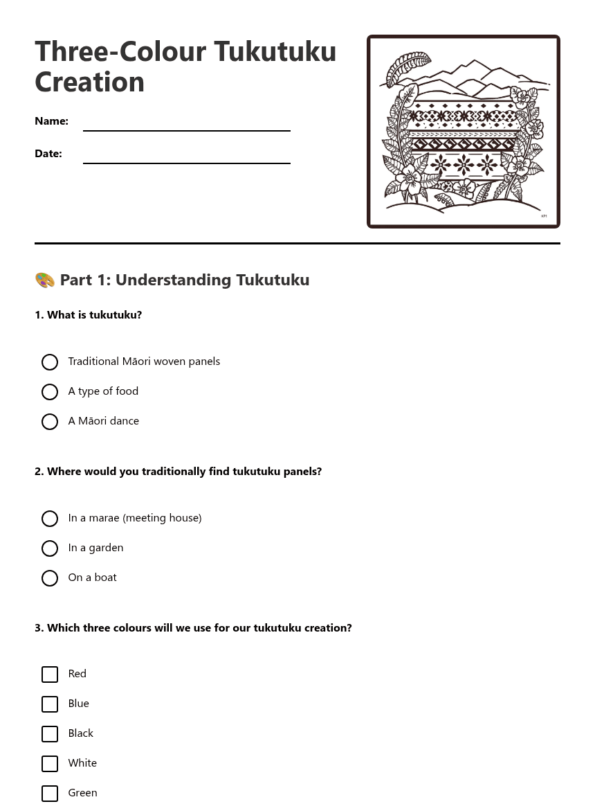 Three-Color Tukutuku Creation worksheet preview