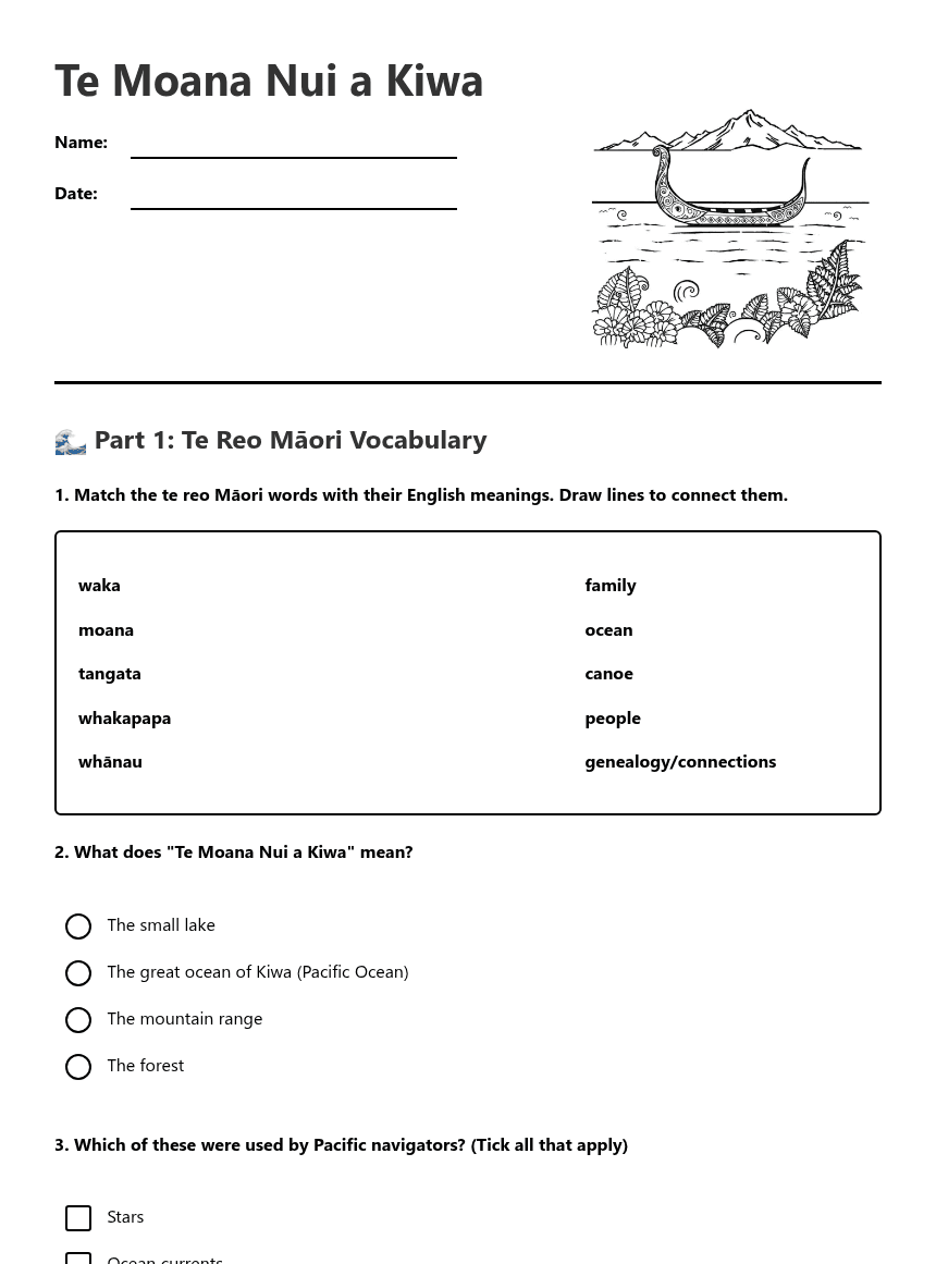 Te Moana Nui a Kiwa worksheet preview