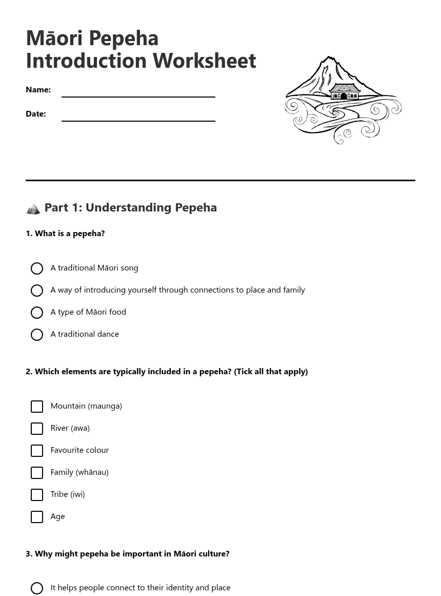 Māori Pepeha Introduction Worksheet worksheet preview