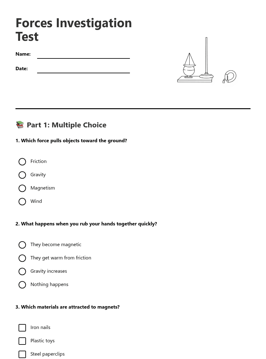 Forces Investigation Test worksheet preview