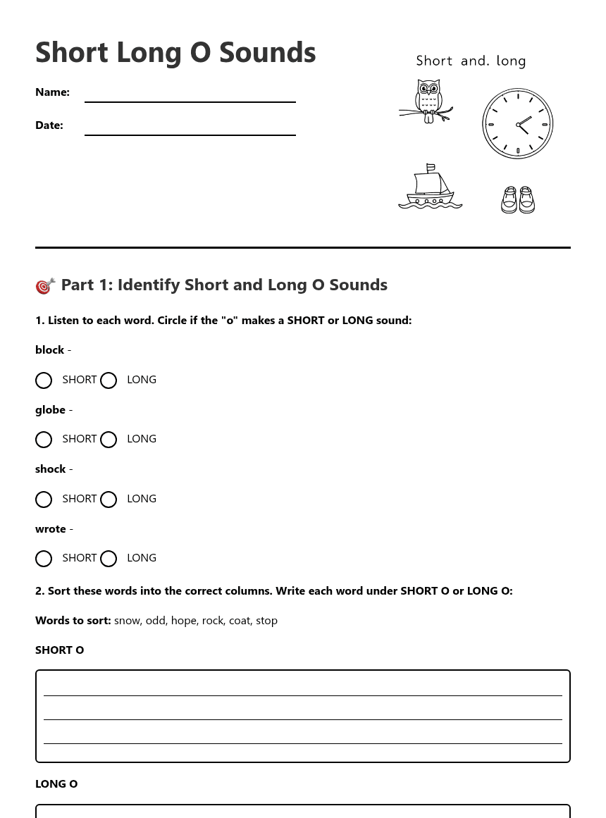 Short Long O Sounds worksheet preview