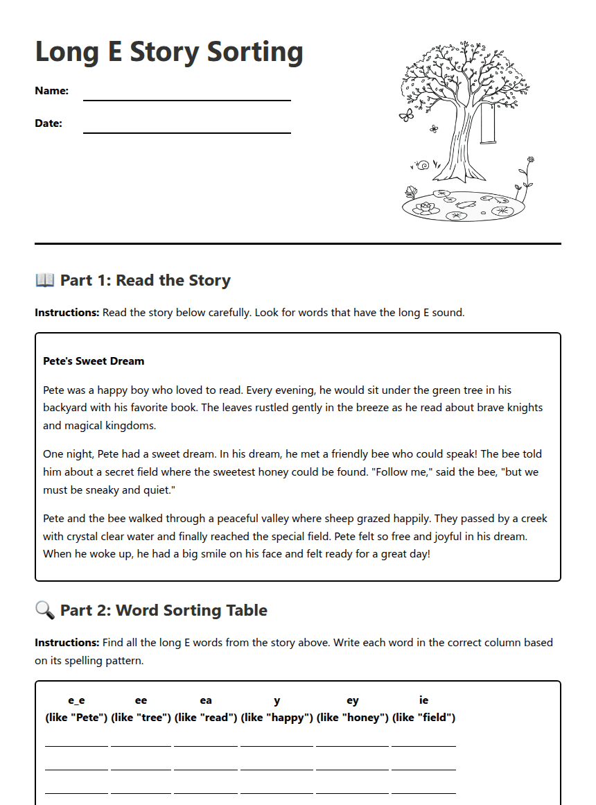 Long E Story Sorting worksheet preview