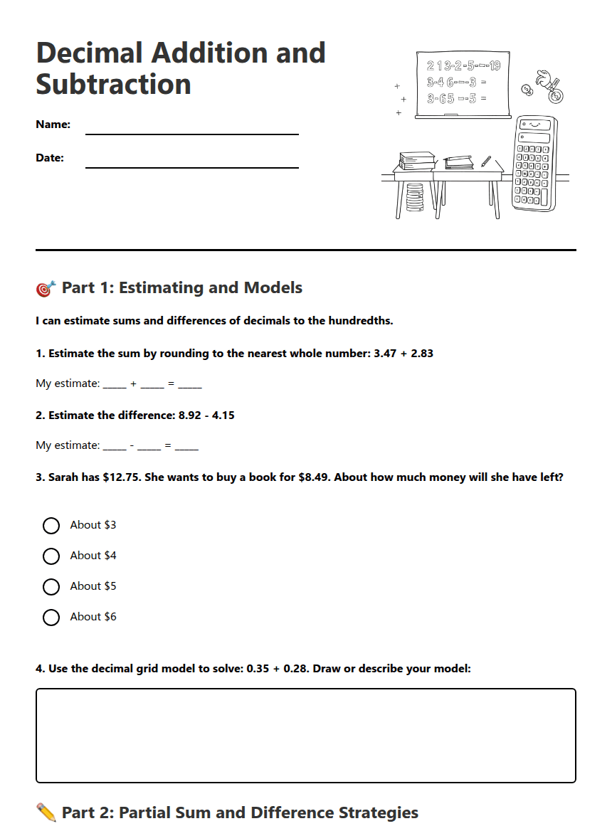 Decimal Addition and Subtraction worksheet preview