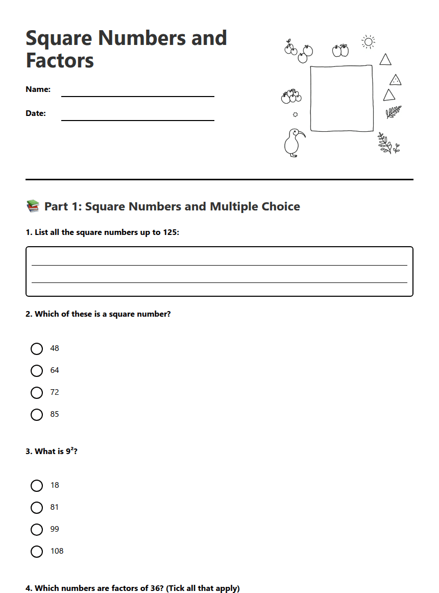 Square Numbers and Factors worksheet preview