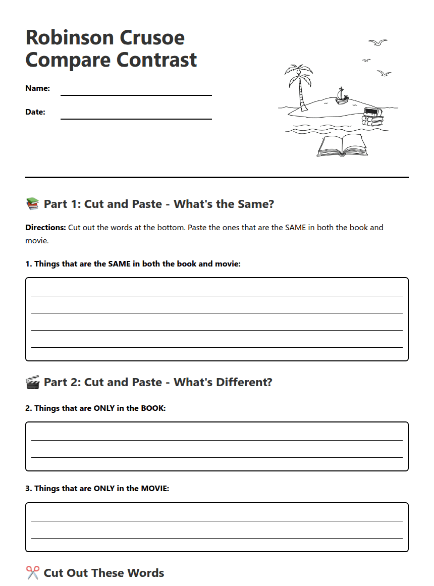 Robinson Crusoe Compare Contrast worksheet preview