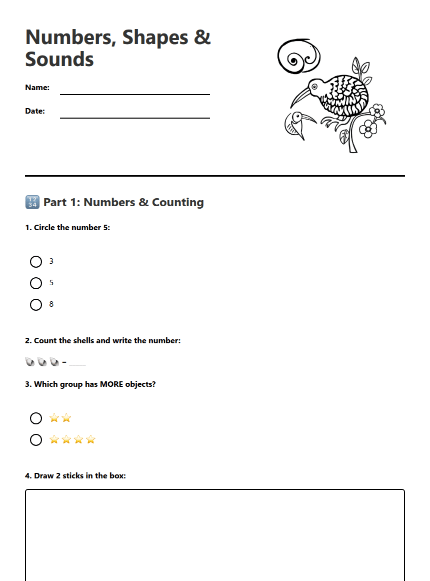 Numbers, Shapes & Sounds worksheet preview