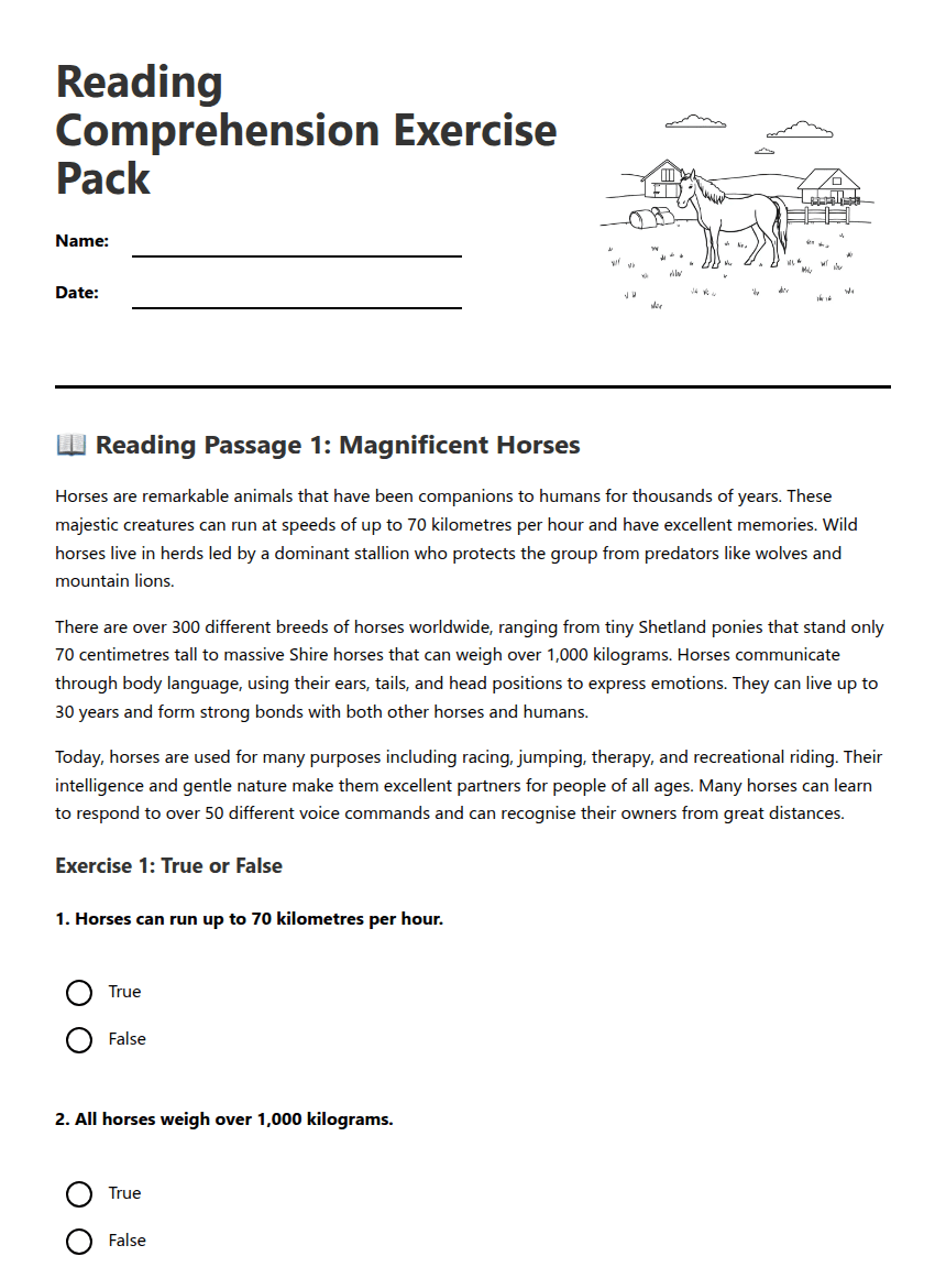 Reading Comprehension Exercise Pack worksheet preview