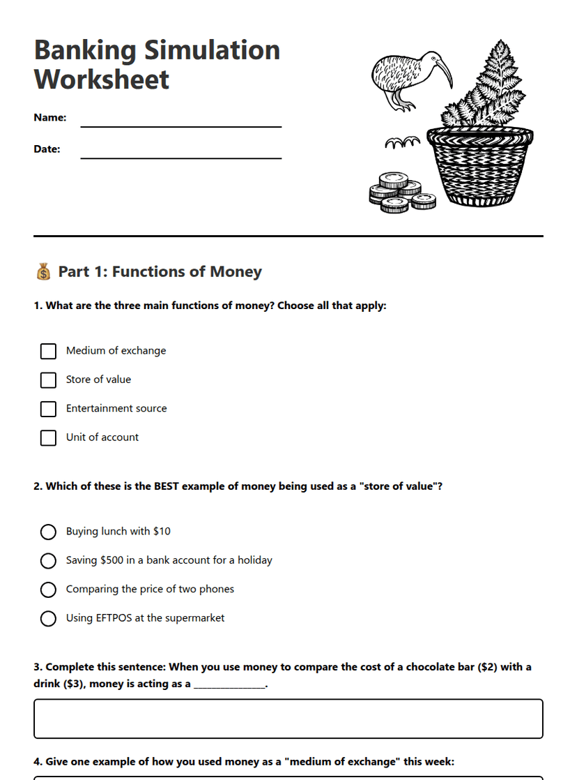 Banking Simulation Worksheet