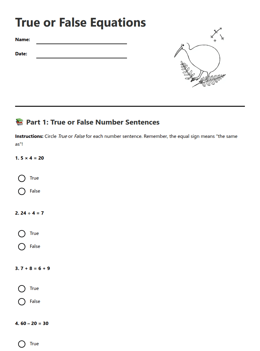 True or False Equations worksheet preview