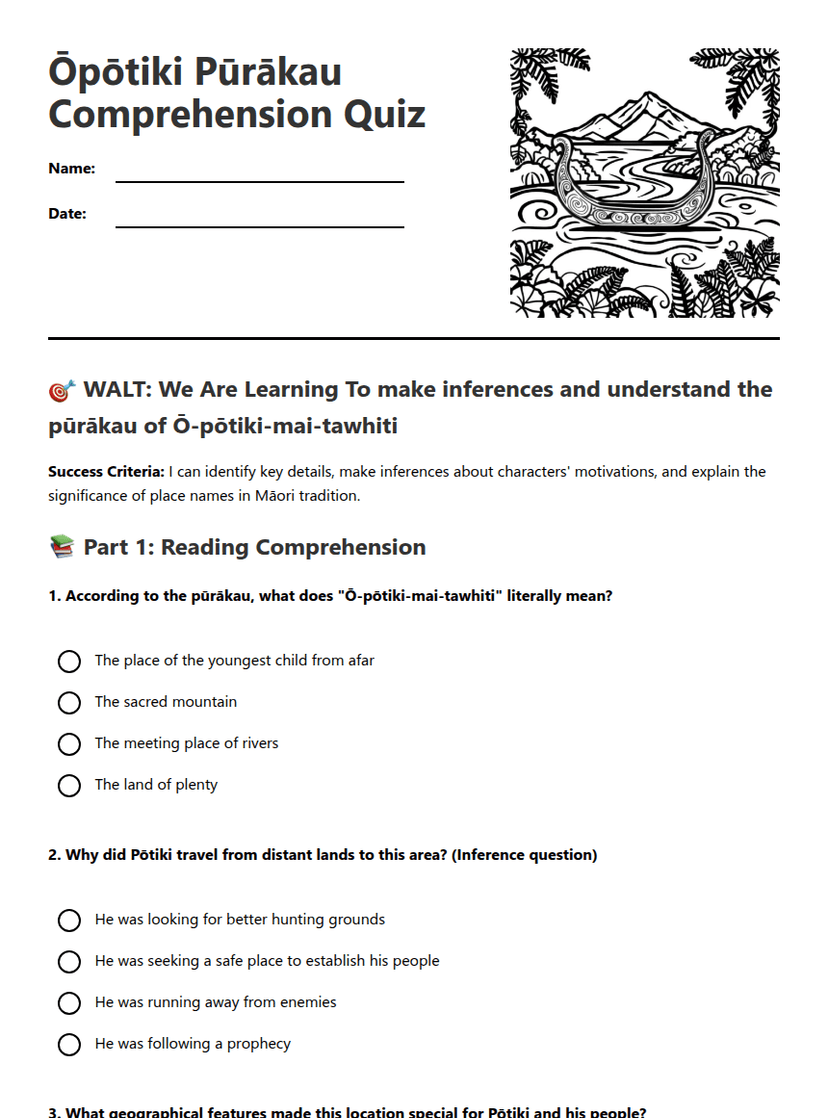 Ōpōtiki Pūrākau Comprehension Quiz