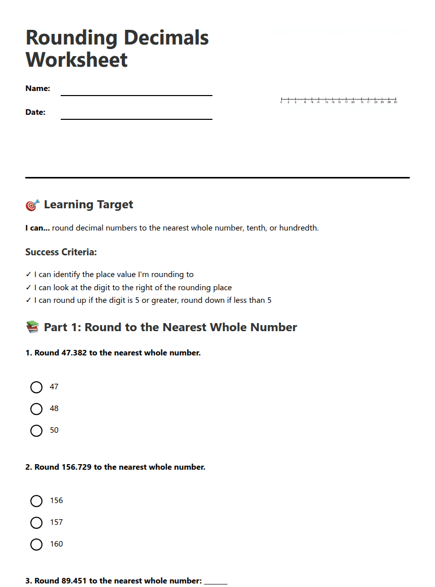 Rounding Decimals Worksheet worksheet preview