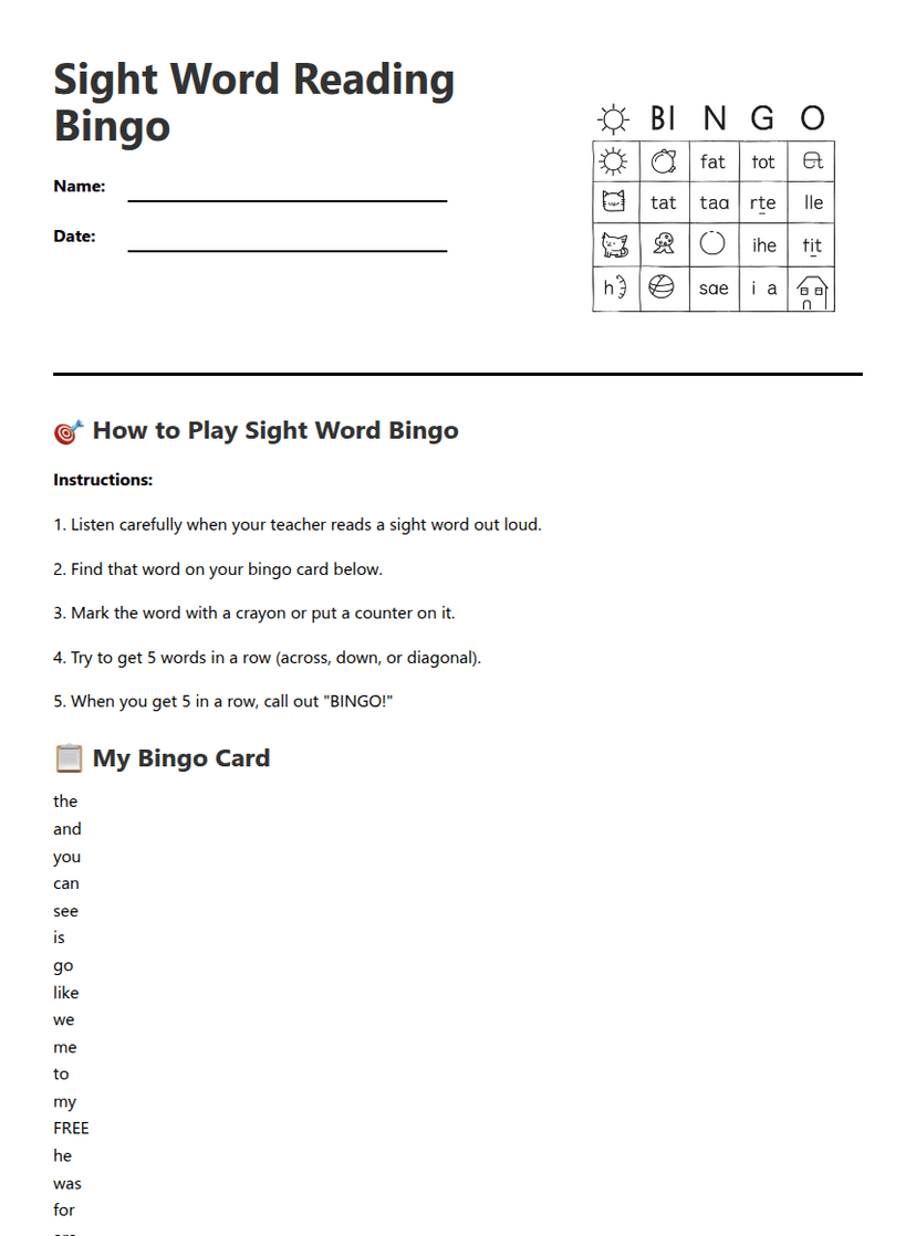 Sight Word Reading Bingo