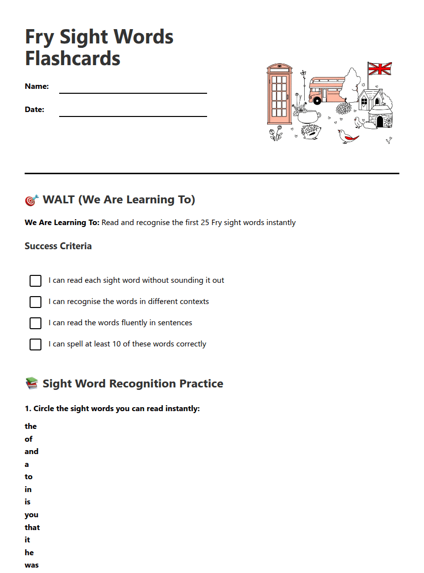 Fry Sight Words Flashcards worksheet preview