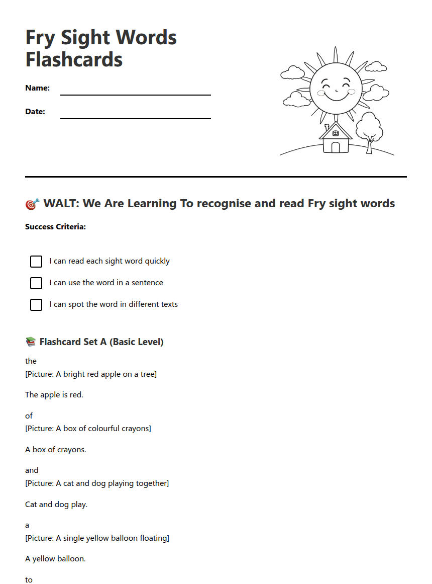 Fry Sight Words Flashcards worksheet preview