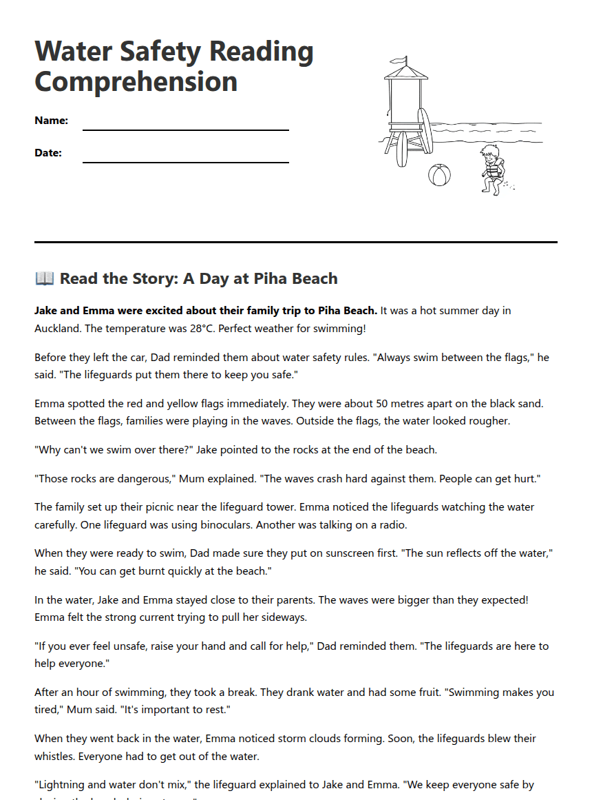 Water Safety Reading Comprehension worksheet preview