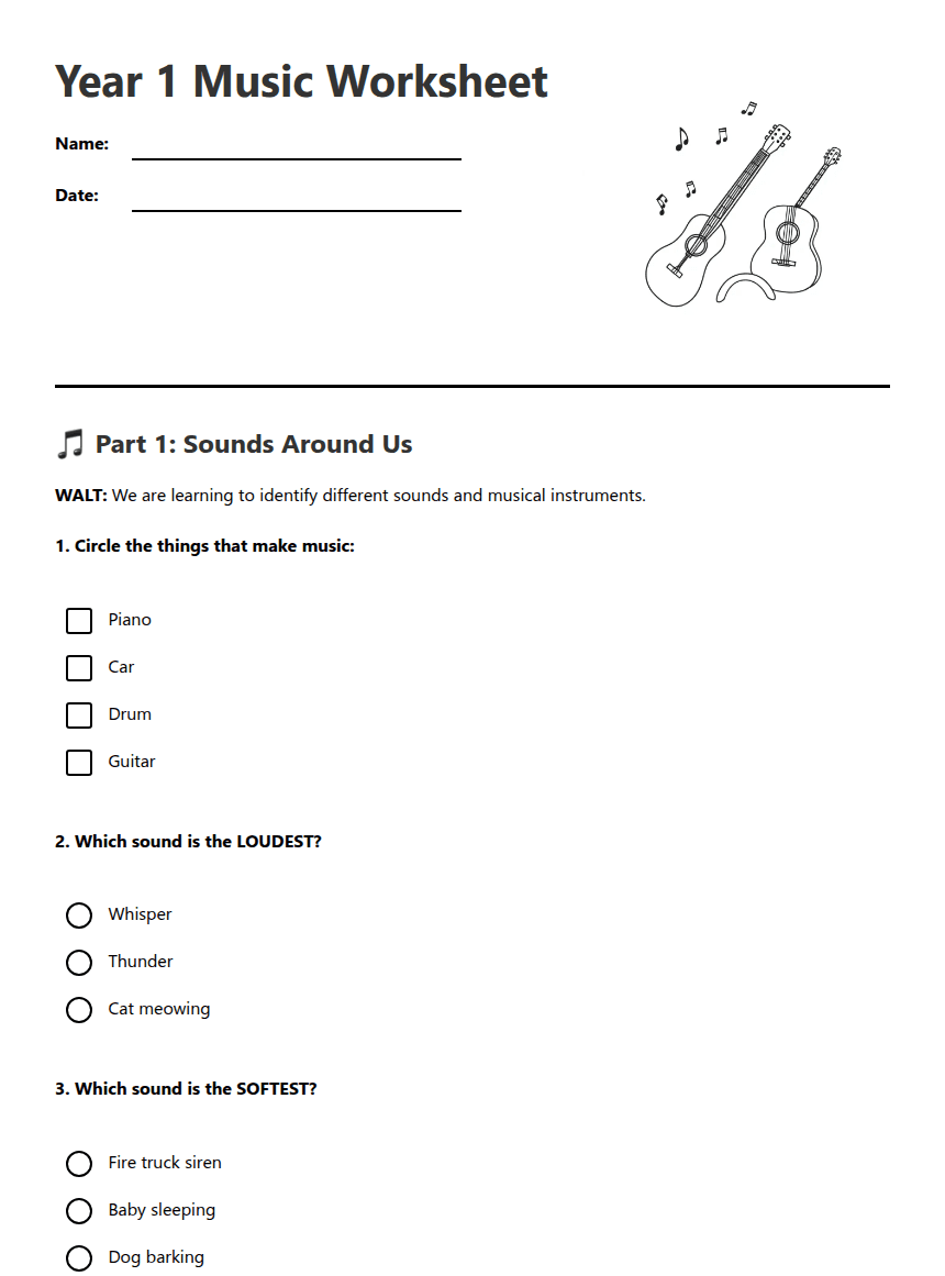 Year 1 Music Worksheet worksheet preview