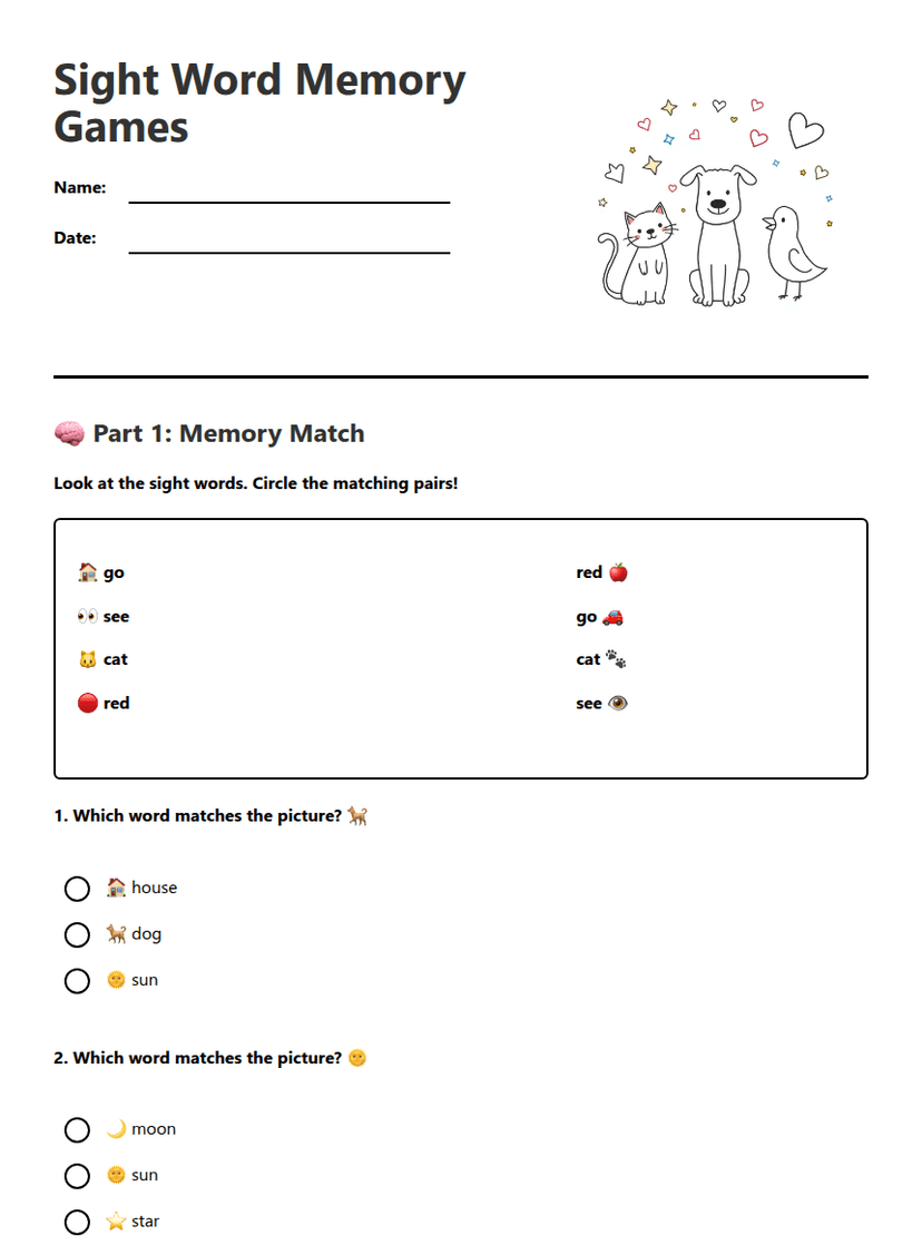 Sight Word Memory Games