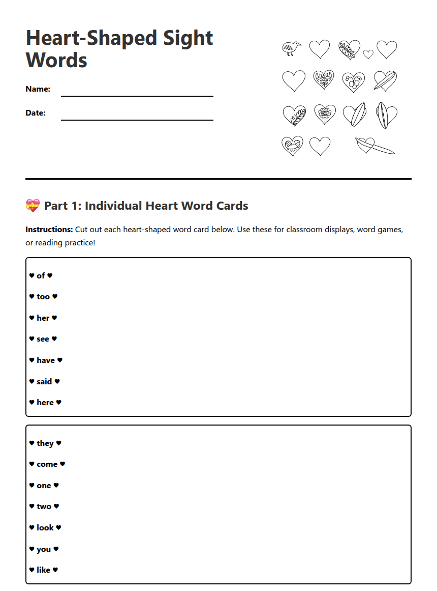 Heart-Shaped Sight Words worksheet preview