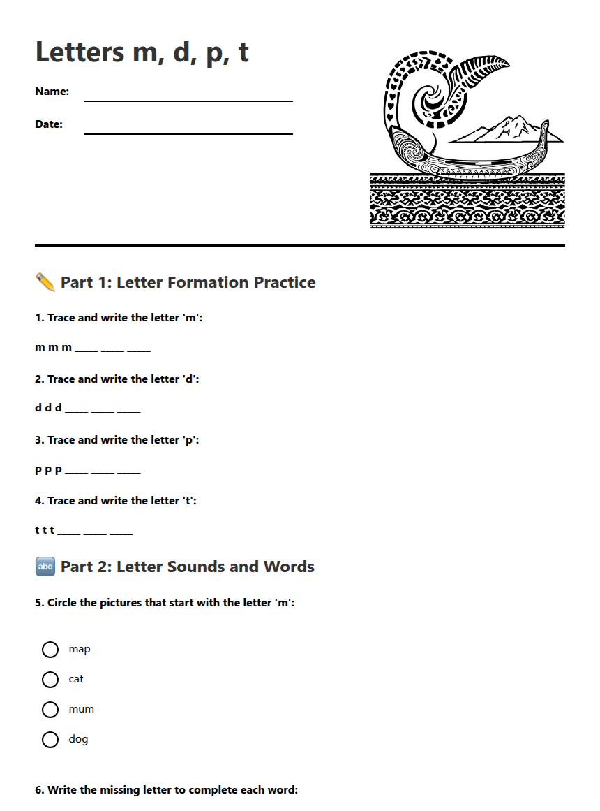 Letters m, d, p, t worksheet preview