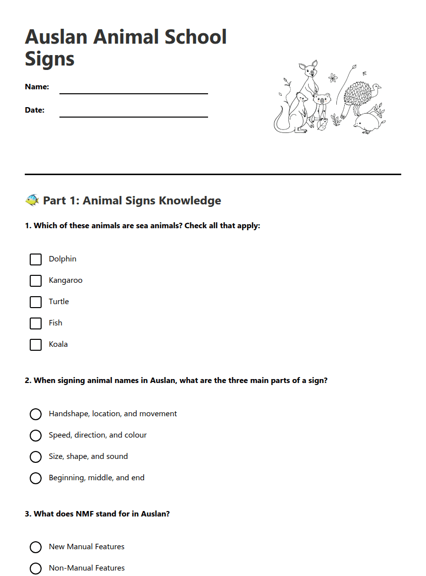 Auslan Animal School Signs worksheet preview