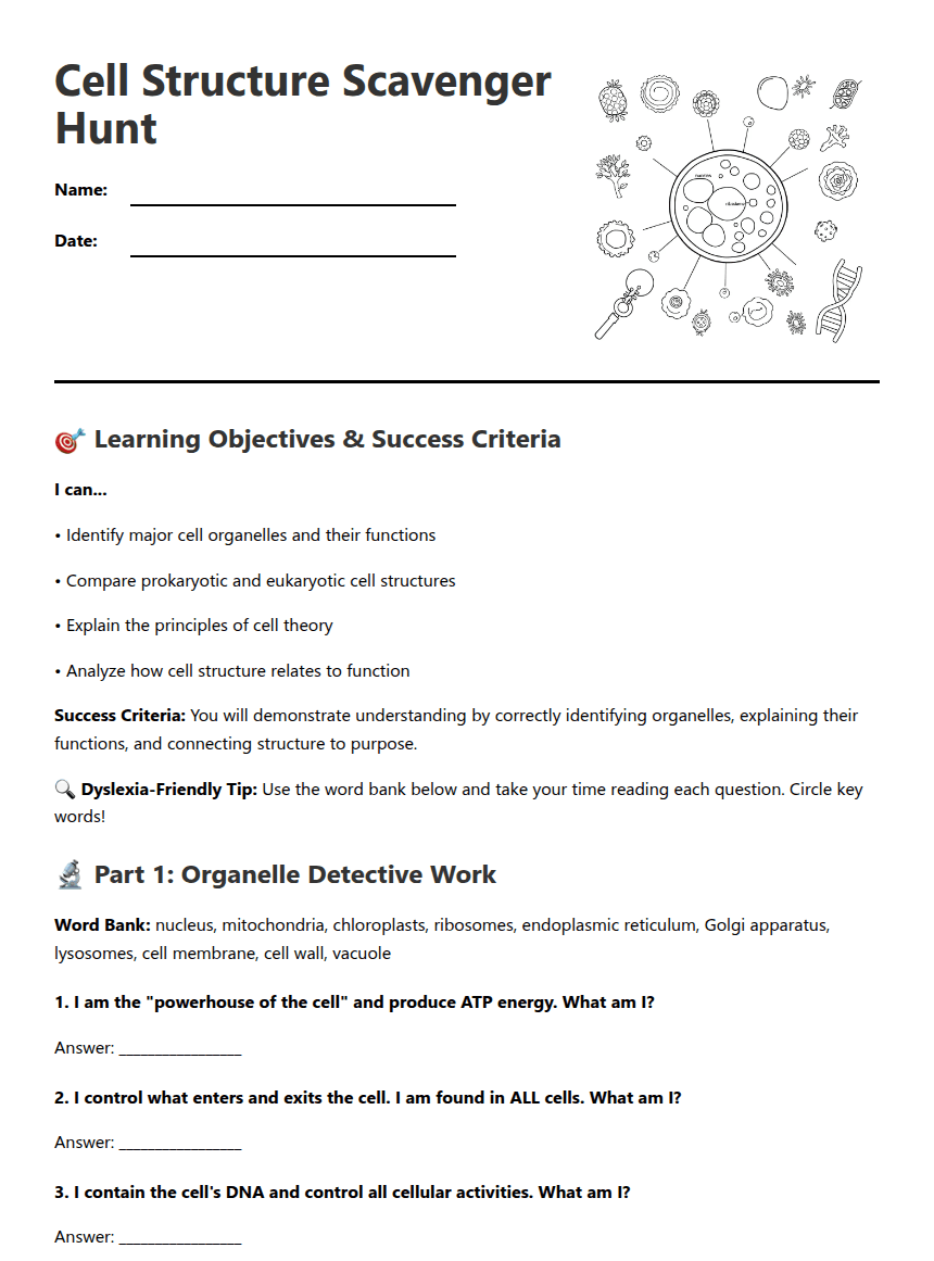 Cell Structure Scavenger Hunt worksheet preview