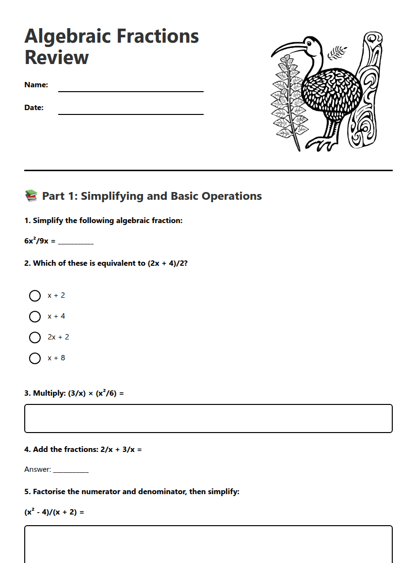 Algebraic Fractions Review worksheet preview