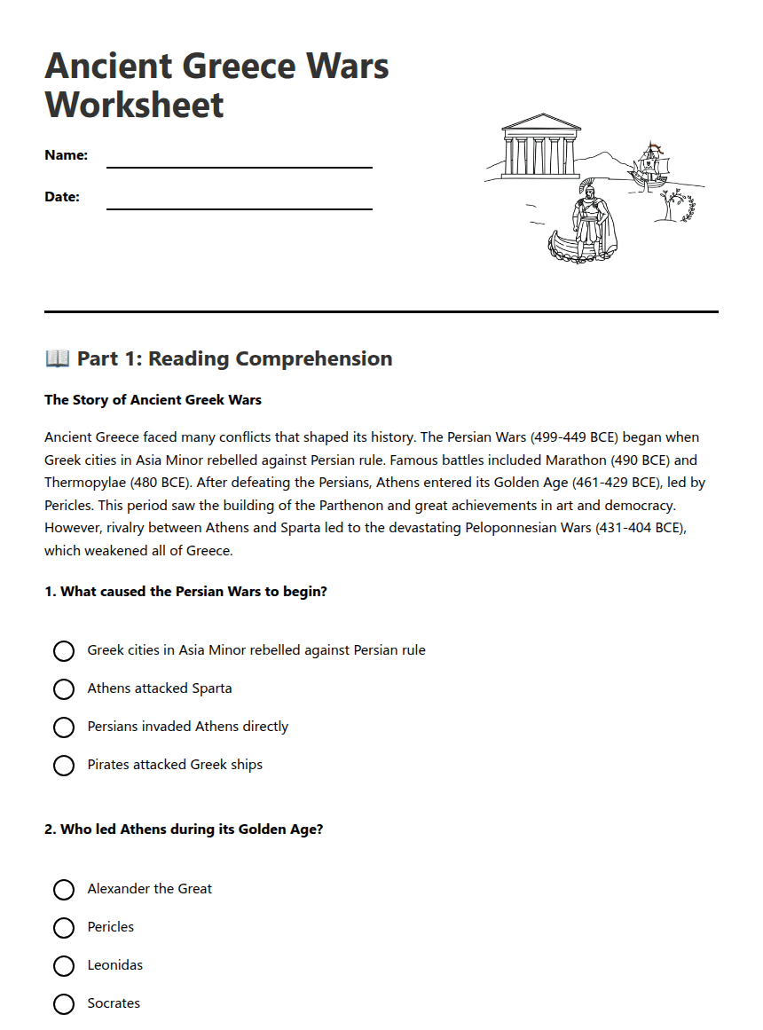 Ancient Greece Wars Worksheet worksheet preview