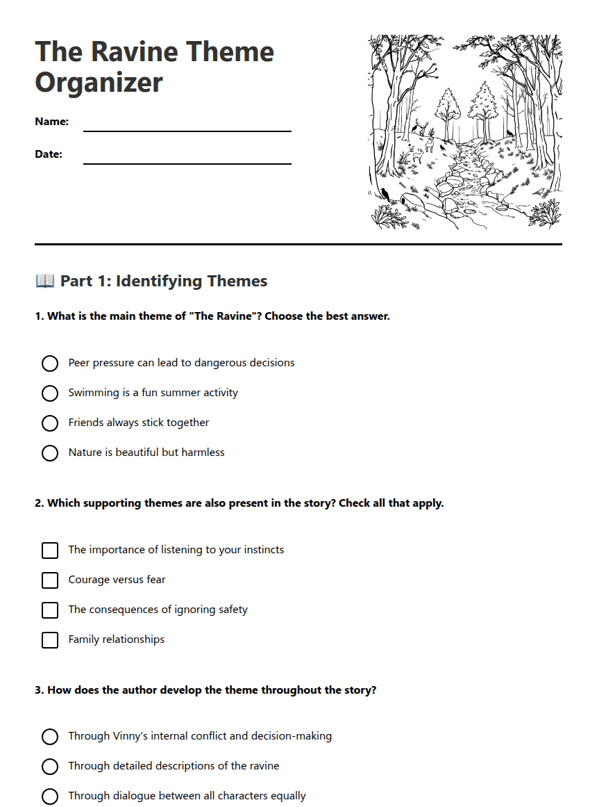 The Ravine Theme Organizer worksheet preview