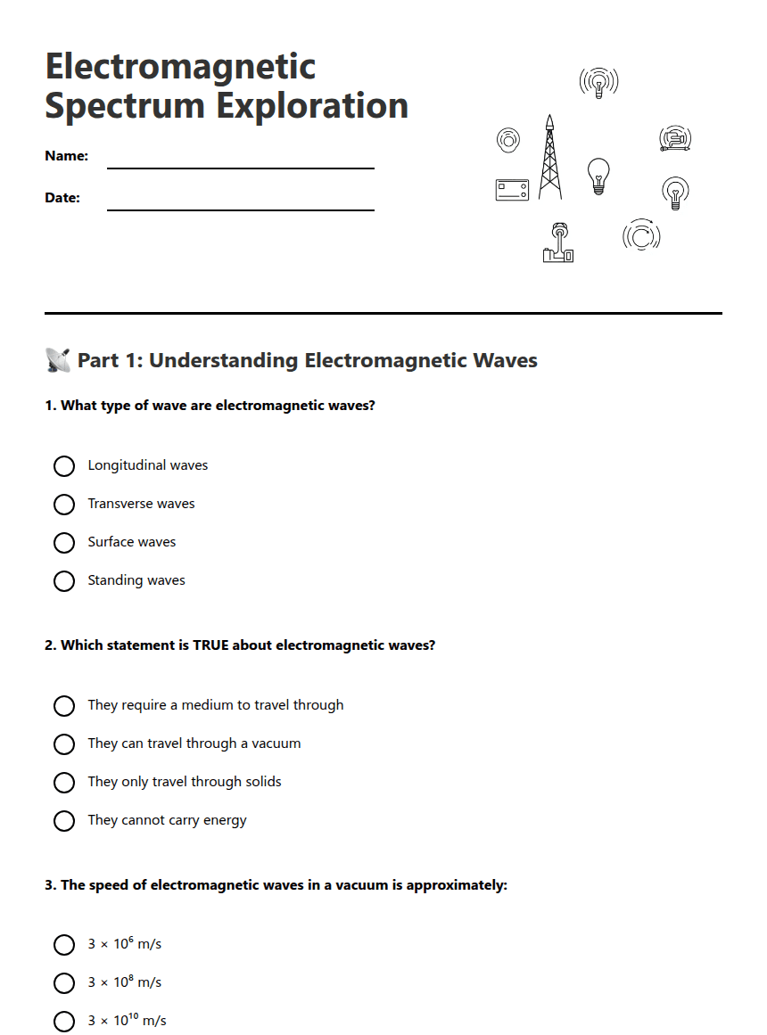Electromagnetic Spectrum Exploration worksheet preview