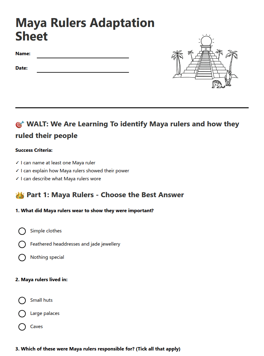Maya Rulers Adaptation Sheet worksheet preview