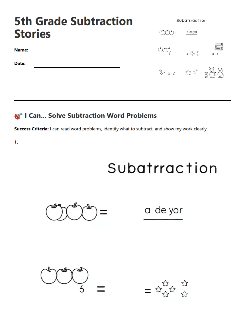 5th Grade Subtraction Stories worksheet preview