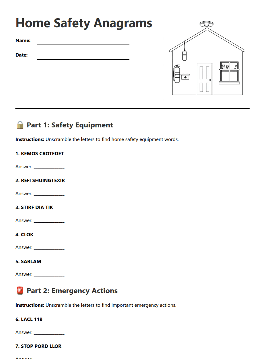 Home Safety Anagrams worksheet preview