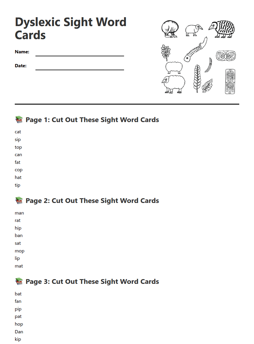 Dyslexic Sight Word Cards worksheet preview
