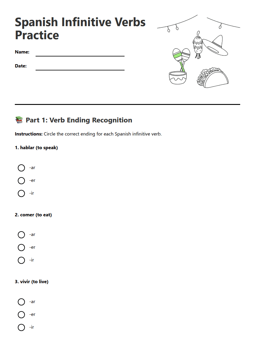 Spanish Infinitive Verbs Practice worksheet preview