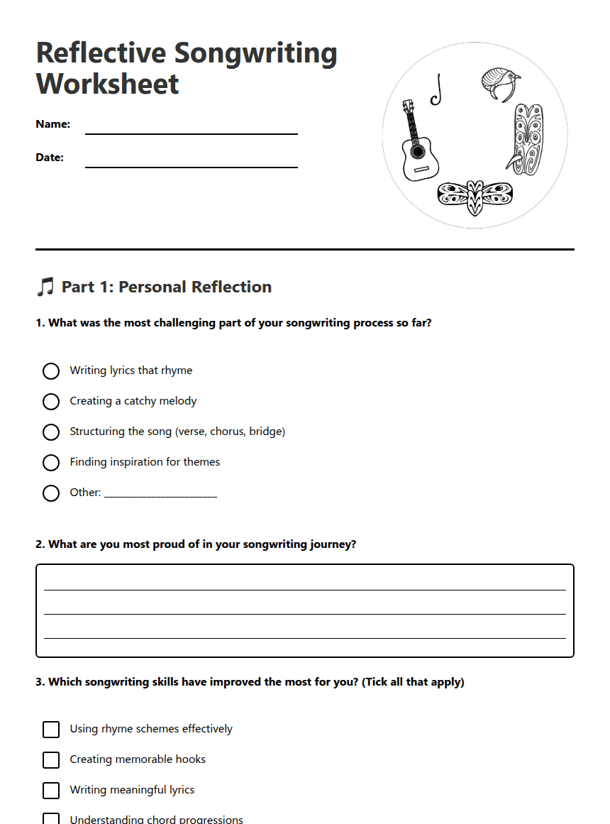 Reflective Songwriting Worksheet worksheet preview