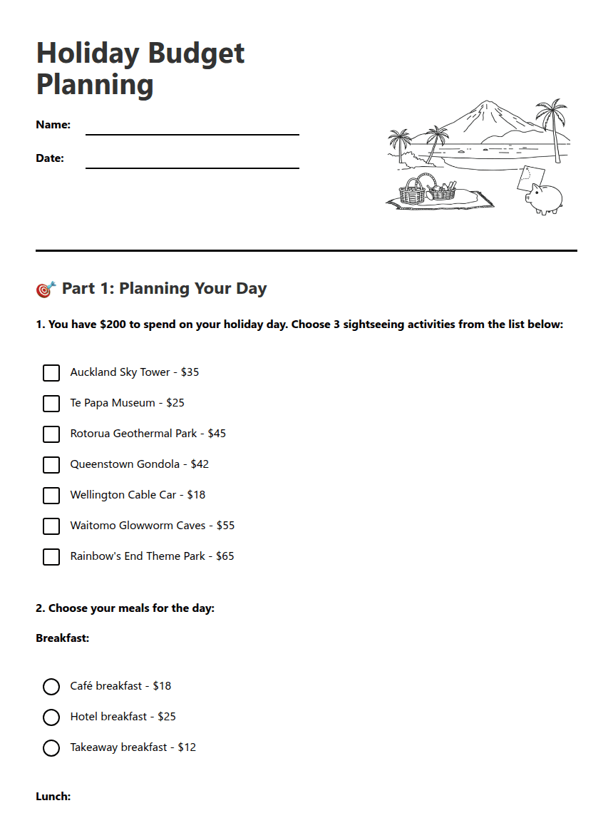 Holiday Budget Planning worksheet preview