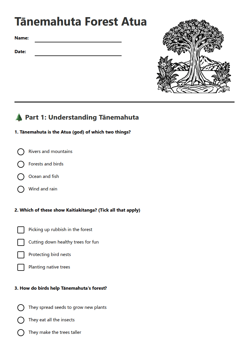Tānemahuta Forest Atua worksheet preview