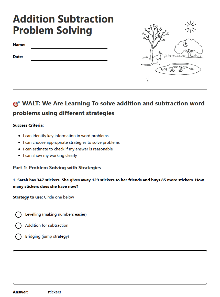 Addition Subtraction Problem Solving worksheet preview