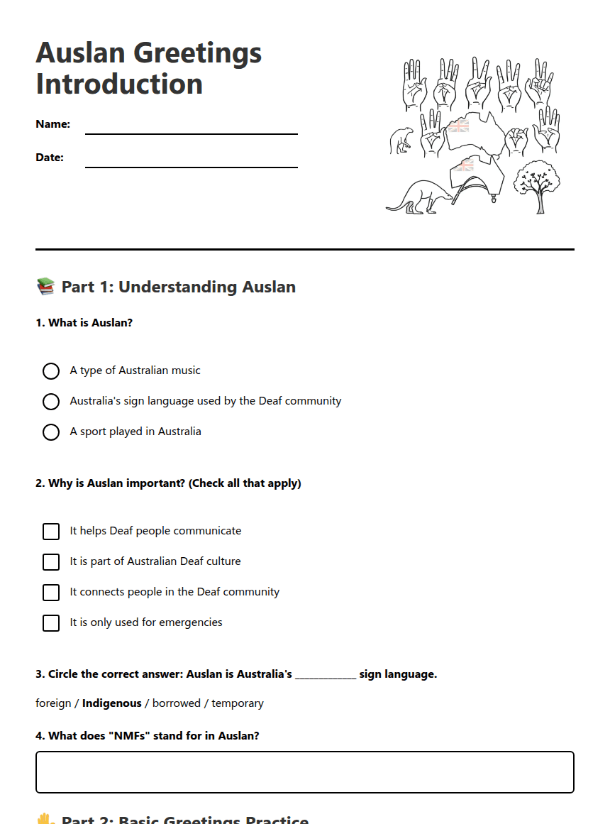 Auslan Greetings Introduction worksheet preview