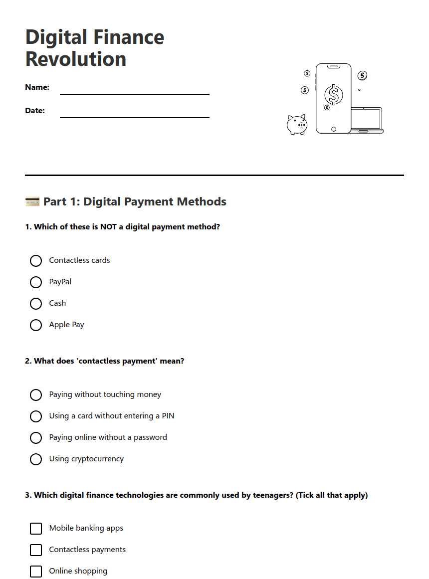 Digital Finance Revolution worksheet preview