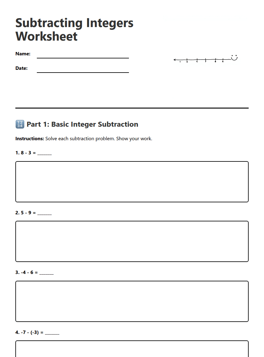 Subtracting Integers Worksheet worksheet preview