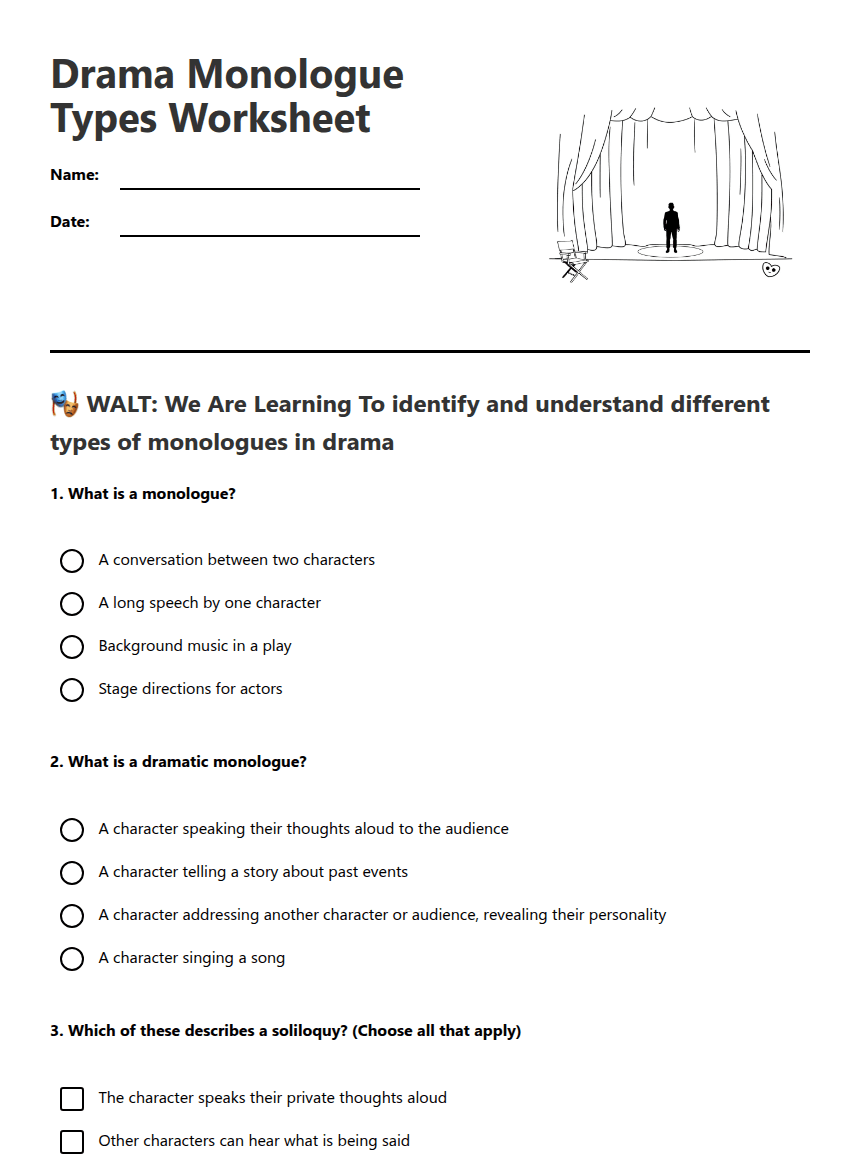 Drama Monologue Types Worksheet worksheet preview