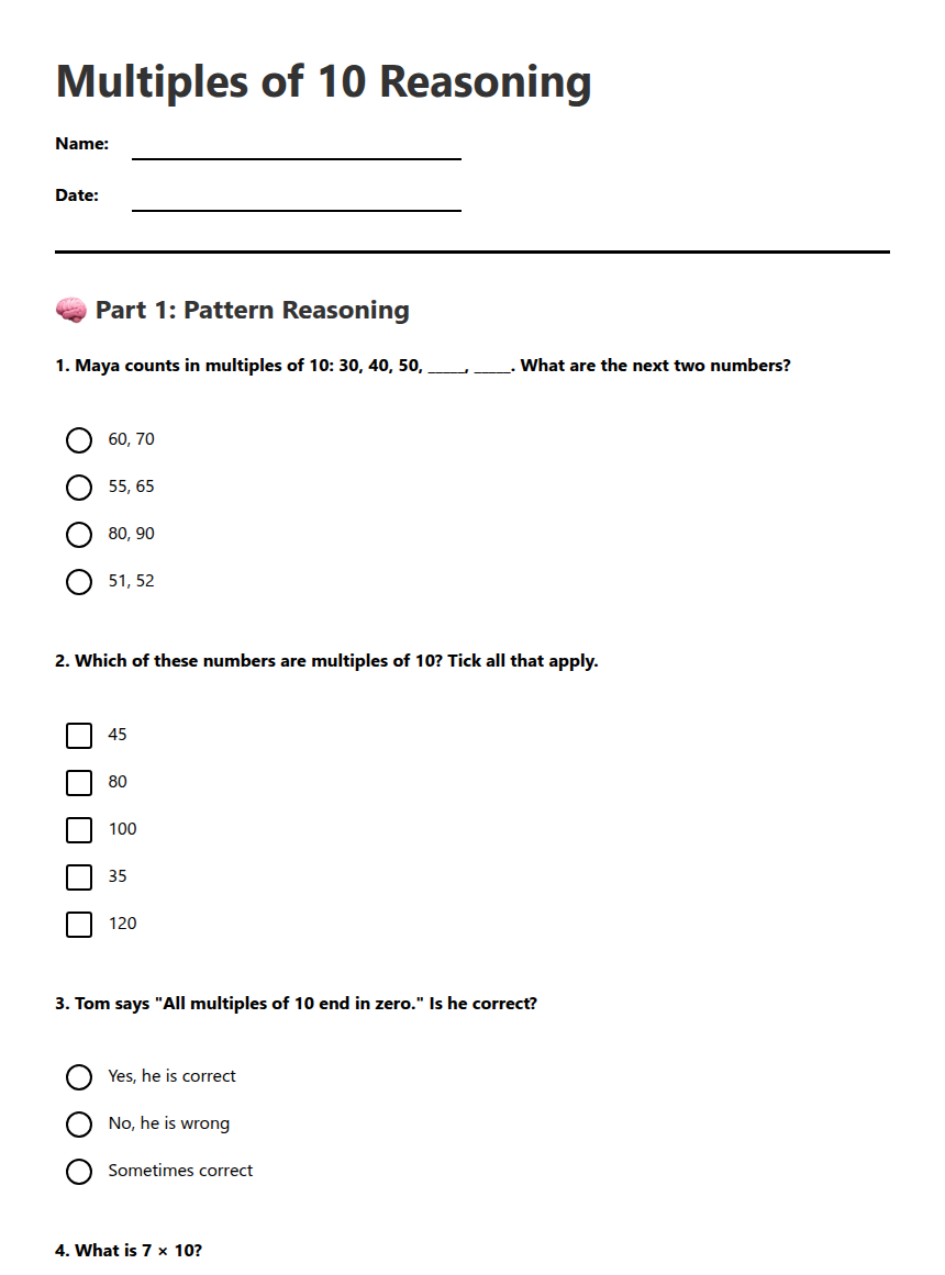 Multiples of 10 Reasoning