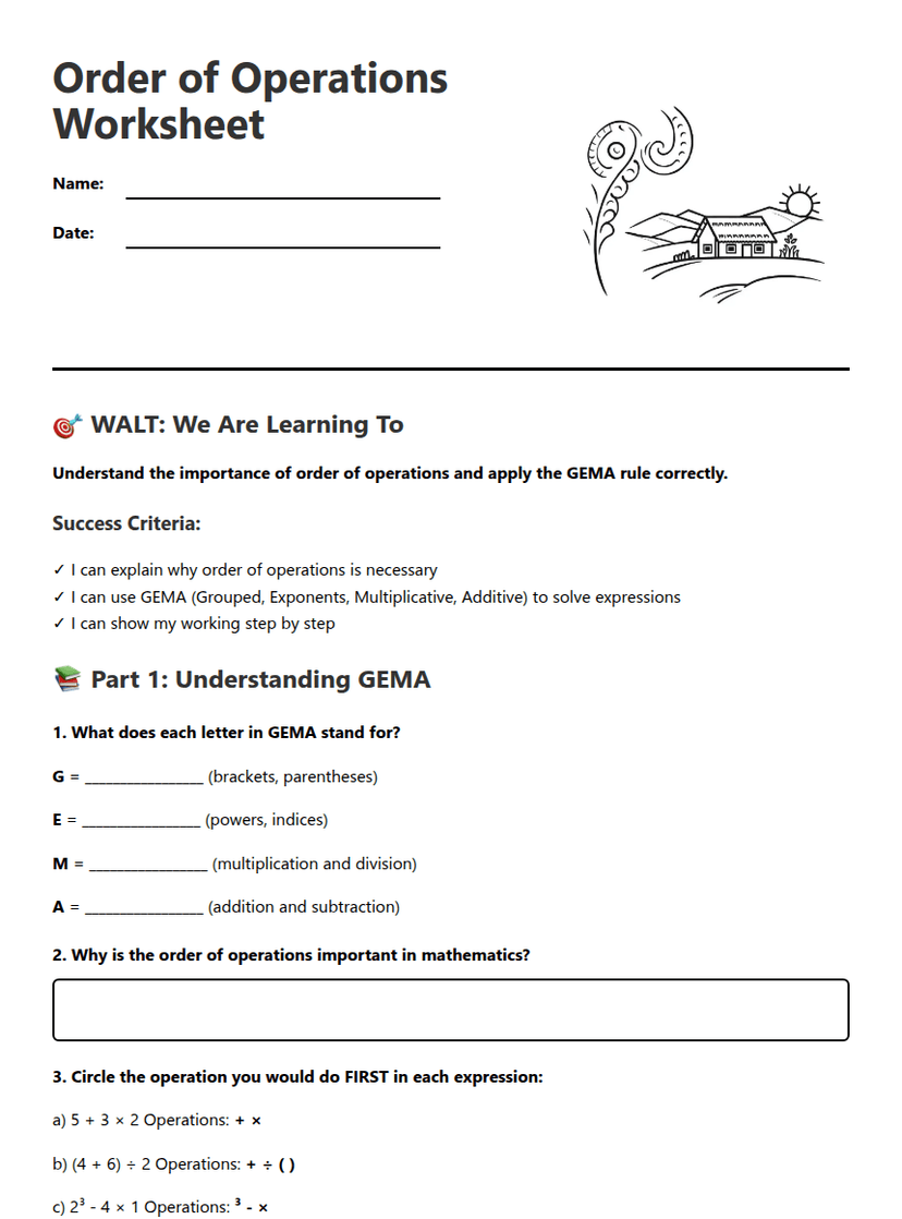 Order of Operations Worksheet