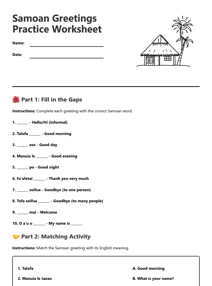Samoan Greetings Practice Worksheet worksheet preview